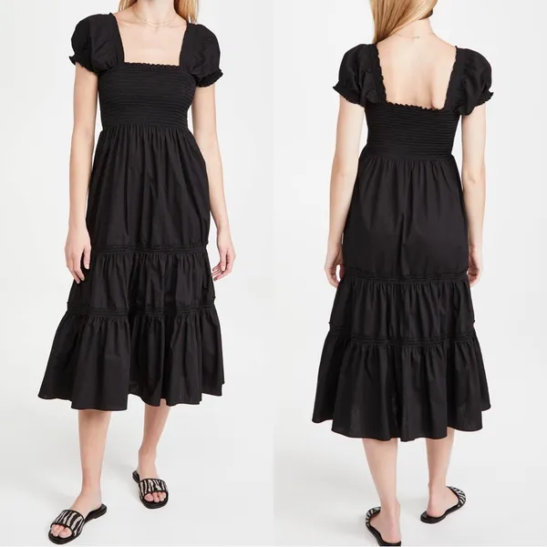 Anthropologie O.P.T. • Daphne Square Neck Smocked Maxi Dress black cotton poplin tiered - Image 12