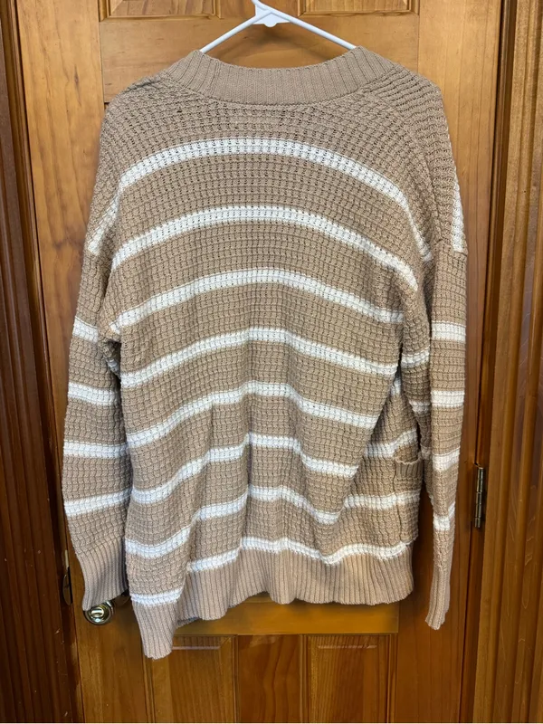 American Eagle Tan & White Striped Open Front Knit Cardigan Sweater Size S - Image 5