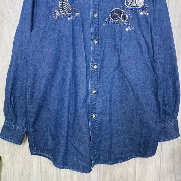 Christine Alexander Bedazzled Cat Button Down Chambray Denim Shirt size M Medium - Image 4