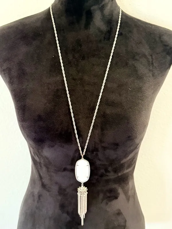 Kendra Scott Silver Pendant Necklace with White Stone and Tassel - Image 2