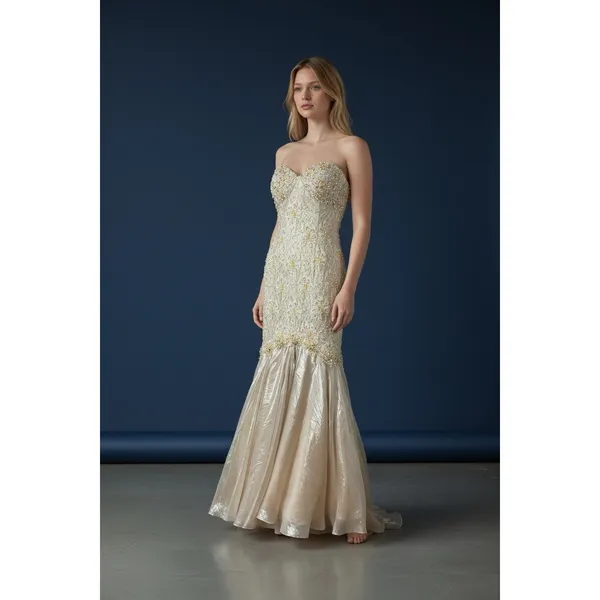 Mac Duggal Couture‎ Beaded Strapless Gown Womens 4 Champagne Lace Mermaid Formal - Image 2