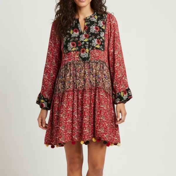 Zara Floral Patchwork Tiered Pompom Semi Sheer Peasant Mini Dress M Black Red - Image 12