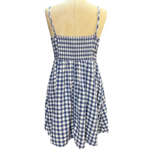 Old Navy L SL Tie Front Gingham Mini Dress Blue White Linen Blend Summer Picnic - Image 4