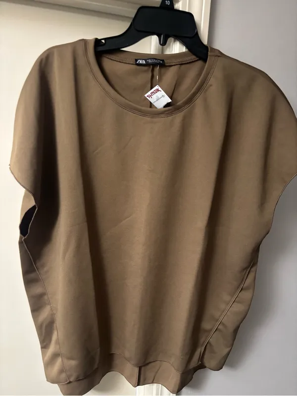 Zara Brown Oversized cap sleeve pullover top - Image 2