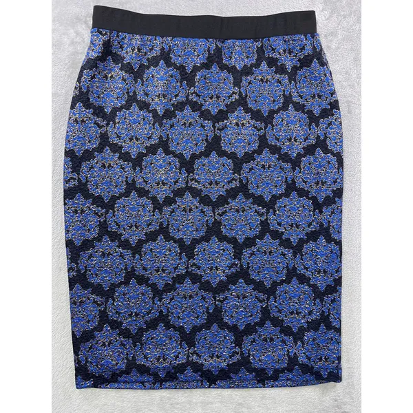 Whimsigoth Blue Black Midi Damask Coachella Pencil Skirt Medium Comfort Stretch - Image 5
