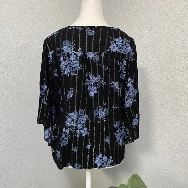 Maurices Black Blue Floral Stripes Print Quarter Sleeve Flowy Blouse Boho Rodeo - Image 4