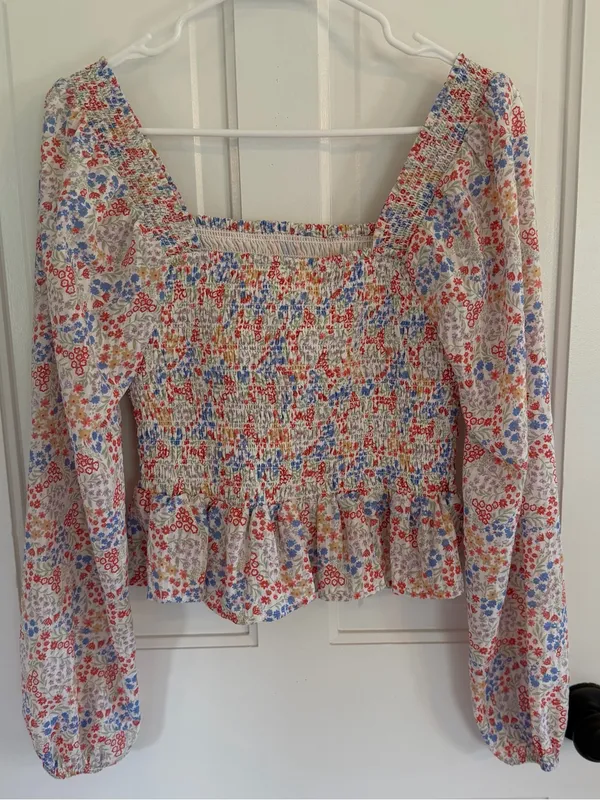 Jopna Floral Smocked Peplum Blouse Square Neck Balloon Sleeve M - Image 3
