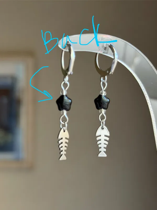 Handmade fish bone & star stainless steel unique funky dangle earrings🌀🐟💙⭐️ - Image 7