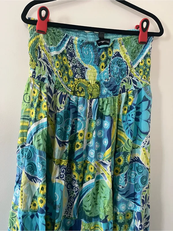 Y2K Tropical Strapless Blue Green Smocked Midi Dress Large 100% Cotton Resort - Image 6