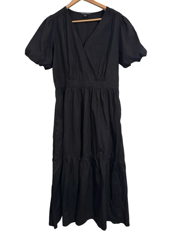 French Connection V-neck Short PuffSleeve Black Poplin Tier Maxi Dress size XL - Image 2