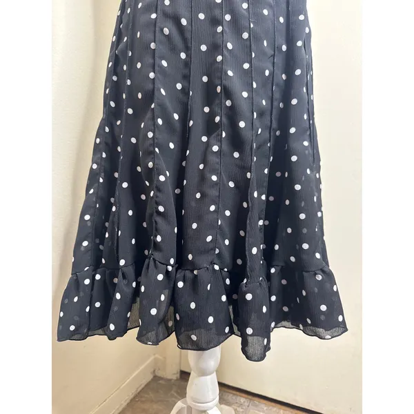 Vintage Retro Black Polka Dot Midi Dress Sleeveless Pleated Flounce Hem Classic - Image 2