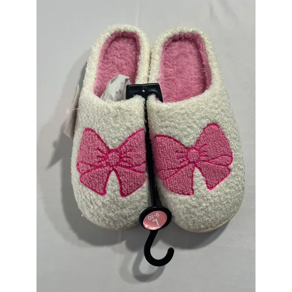 Bobbie Brooks Sherpa Bow Slippers Women L 9-10 Pink Cream Faux Fur Scuff Barbie - Image 2