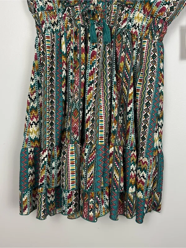 Boemo Ruffle Hem Mini Aztec Geometric Print Dress Flutter Sleeve Size Large NWT - Image 6