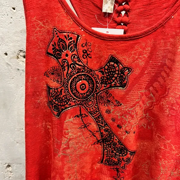 Only Sky Vintage Y2K Red Grunge Cross Graohic Braid Detail Tank Top Large L 00s - Image 2