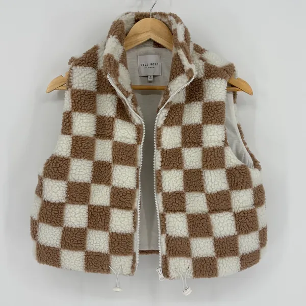 Wild Rose Checkered Sherpa Vest Womens Small Brown Cream Fleece Full Zip Padded - Image 2