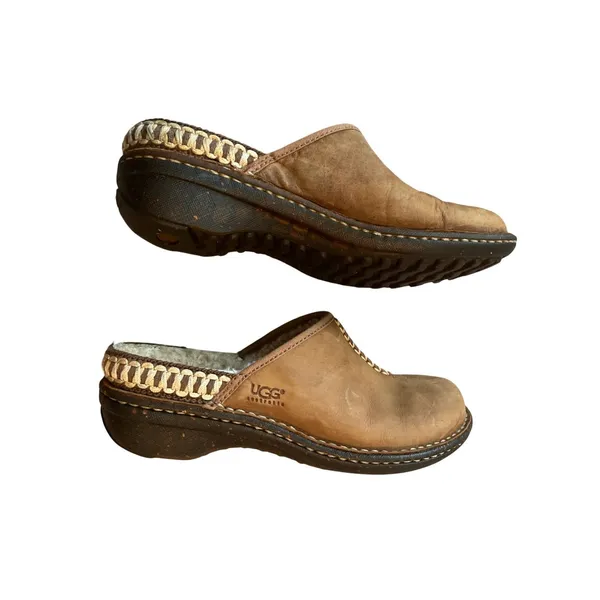 UGG Australia Womens 7 Chestnut Leather Tasman Braid Shearling Lined Clogs - Image 4