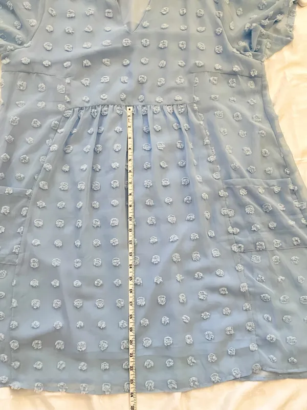 Miholl Dress XXL Women’s Light Blue Pom Pom Swiss Dot Flowy Pockets Empire Waist - Image 6