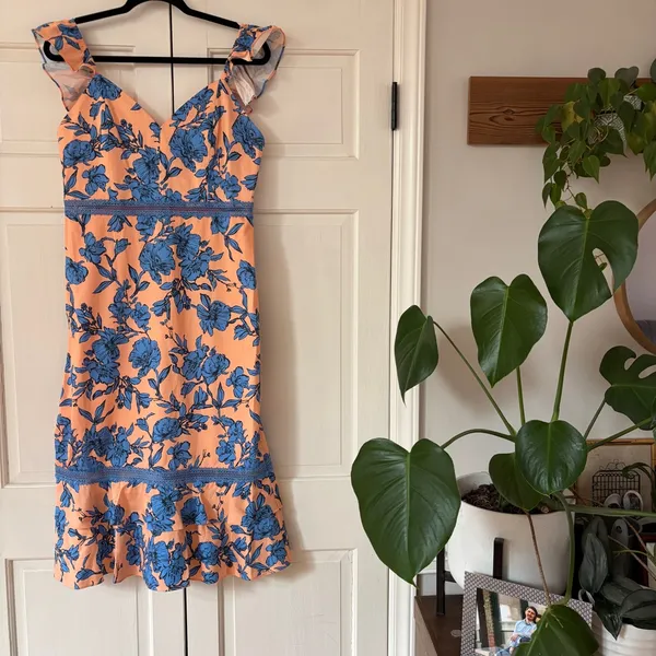 Alice + Olivia Jade Ruffled Floral Midi Dress Coral Blue Lace‎ Illusion Size 12 - Image 6
