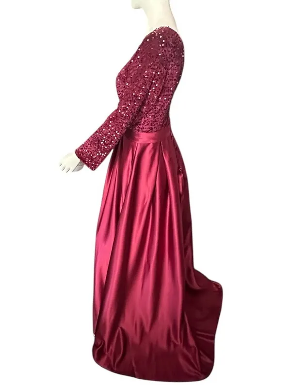 Flocked Velvet Sequin Bodice Pleated Satin Skirt Ball Gown Burgundy Size 16 NWOT - Image 3