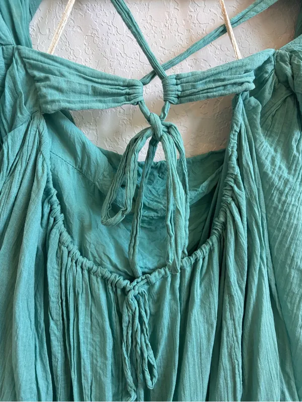 Free People XS Aqua Gauze Puff Sleeve Open Back Mini Dress - Image 4