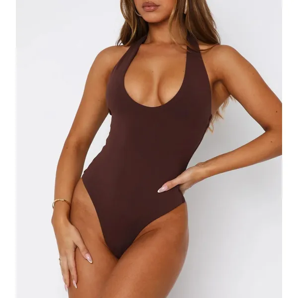 White Fox Halter Bodysuit Want To Be Me Size S Chocolate Brown - Image 5