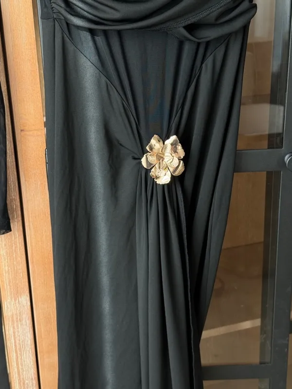 Meshki long sleeve mesh maxi dress brooch ruched embellished slip flower gold mock - Image 5