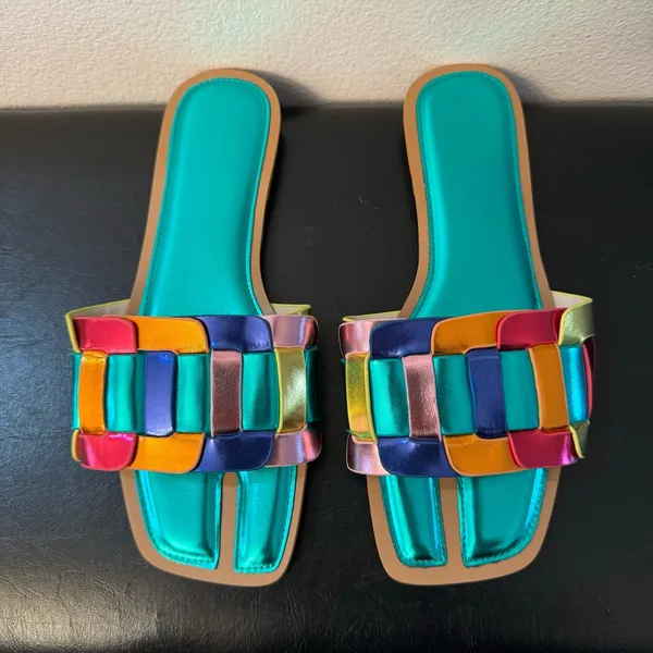 Women’s Metallic Slide Sandals – Color Block Woven Strap, Flat Comfort - Image 9