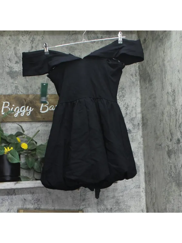 NWT Wild Fable Plunge Bubble Off Shoulder Mini A-Line Dress 94775097 Black M - Image 3