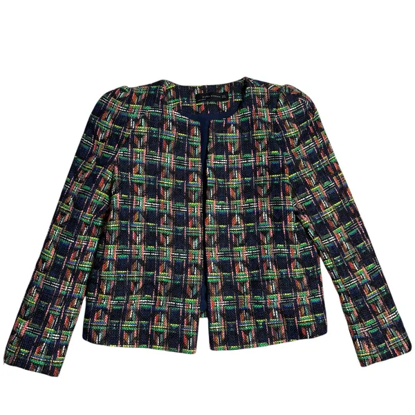 ZARA WOMAN Multicolor Plaid Tweed‎ Collarless Blazer Jacket Shoulder M - Image 2