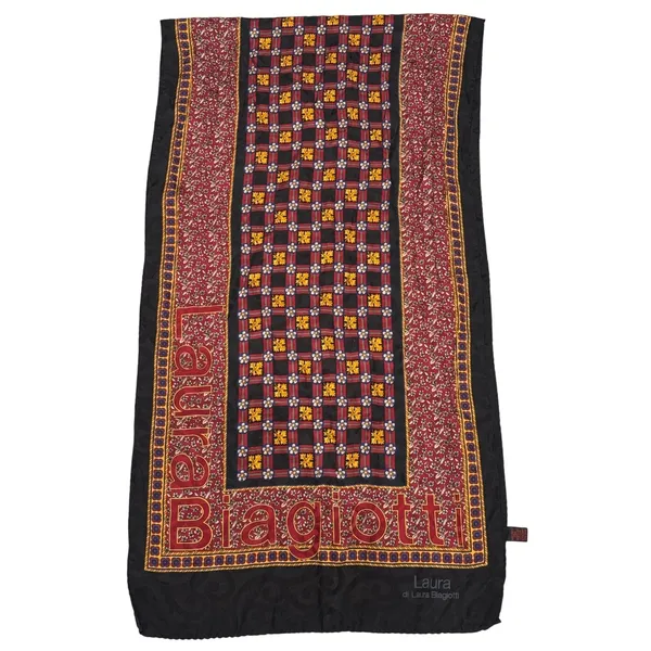 Laura Biagiotti Scarf Womens Red Black Silk Floral Medallion Logo Italy 60in‎ - Image 2