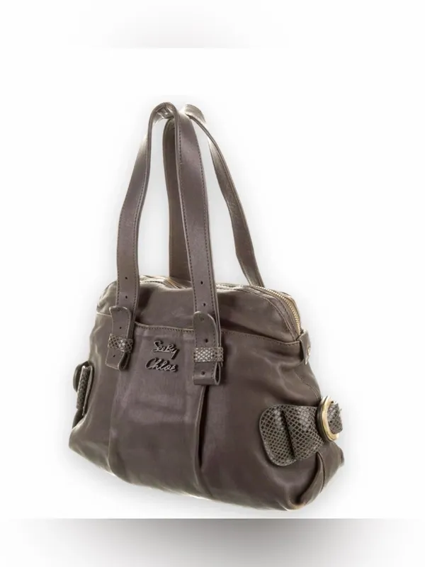 See by Chloé Gray Brown Leather Shoulder Bag Snakeskin Trim - Image 3