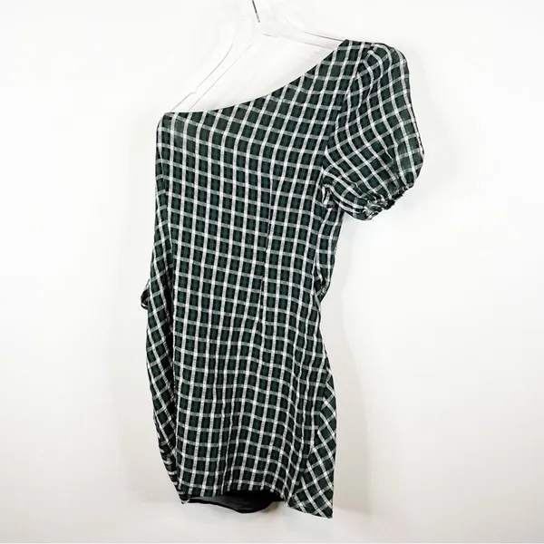 Tularosa One Shoulder Mini Dress Women's Size M‎ Green Plaid Wedding Guest - Image 3