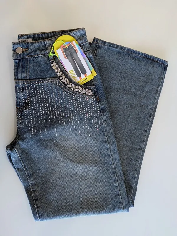 Rhinestone Embellished Wide Leg Jeans Dark Wash Bling Denim Size M - Image 13