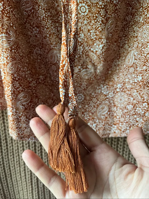 Blush Rust Paisley Off-Shoulder Midi Dress with Tassel Tie - Image 7