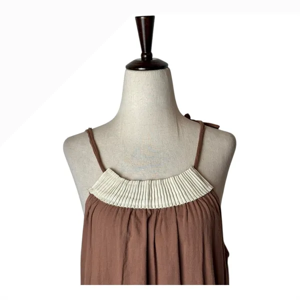 Anthropologie Left of Center Dress Women Medium‎ Brown Pleated Neck Mini Boho - Image 4