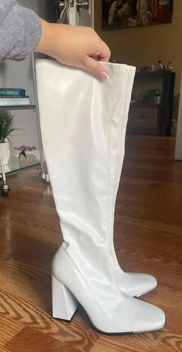 Public Desire White Knee High Block Heel Boots - Image 5