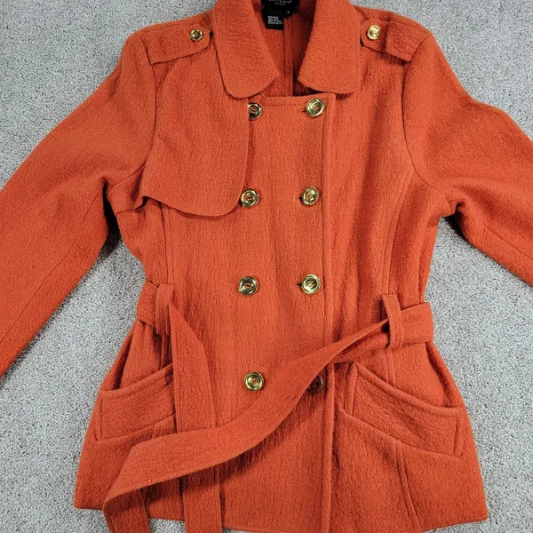 Sandro Sportswear Womens Coat Jacket Large Orange Wool Double Breasted Belted - Image 7