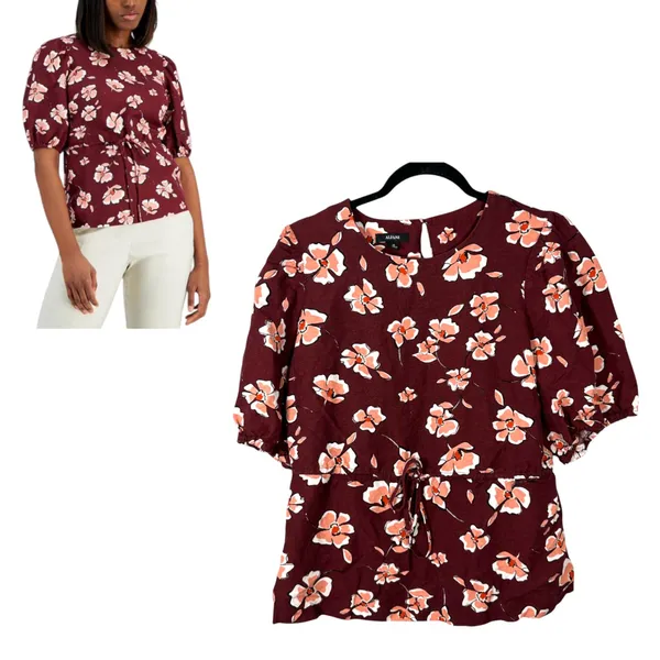 Alfani Linen Floral Burgundy Boho Bohemian Modest High Neck Blouse Size Medium - Image 2