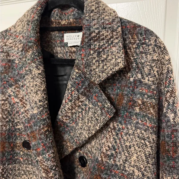 MOLLY BRACKEN plaid double breasted wool tweed coat‎ large - Image 3