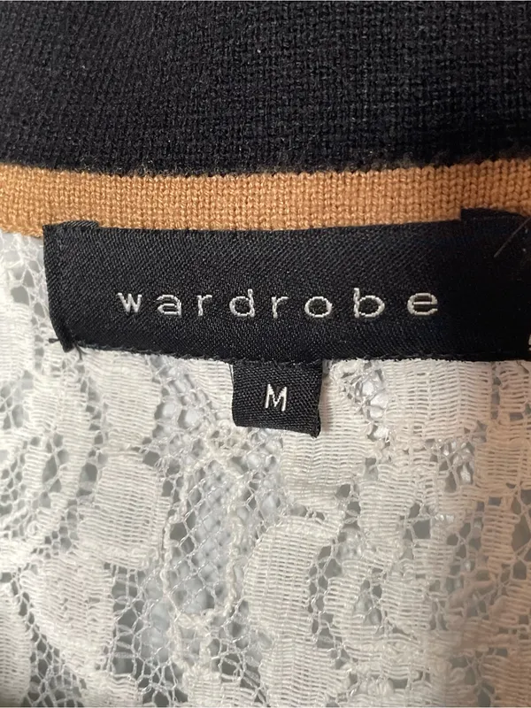 Wardrobe Womens Ivory Lace Polo Sweater Top Medium Contrast Collar Preppy Mod - Image 4