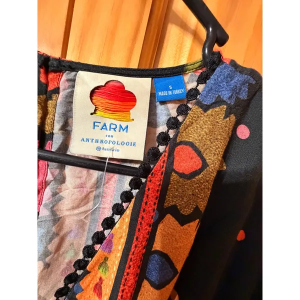 Farm Rio Anthropologie Black Floral Mini Dress Size S Boho V-Neck Pom Trim - Image 5