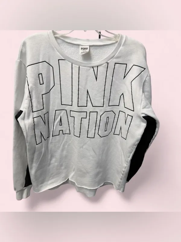 Victoria's Secret PINK Nation Campus Crew Sweatshirt White Black Medium - Image 2