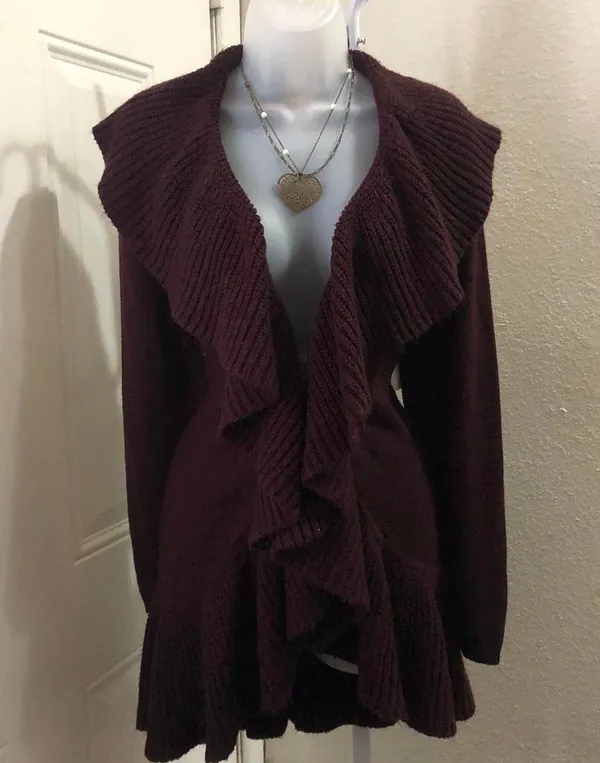 Whimsy gothic grunge cottagecore Burgundy red ruffled cardigan long sleeves ruffle hem hook eye closure-Size L - Image 2