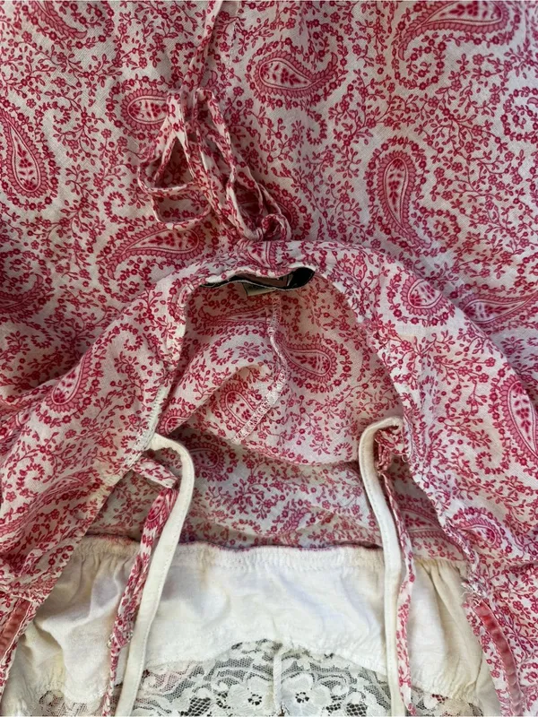 Vintage Anchor Blue Pink Paisley Babydoll Top Tie Back Cream Lace Trim Y2K - Image 4