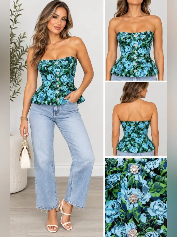 Zara Floral Jacquard Strapless Bustier Corset Peplum Top Blue Green Size S - Image 2
