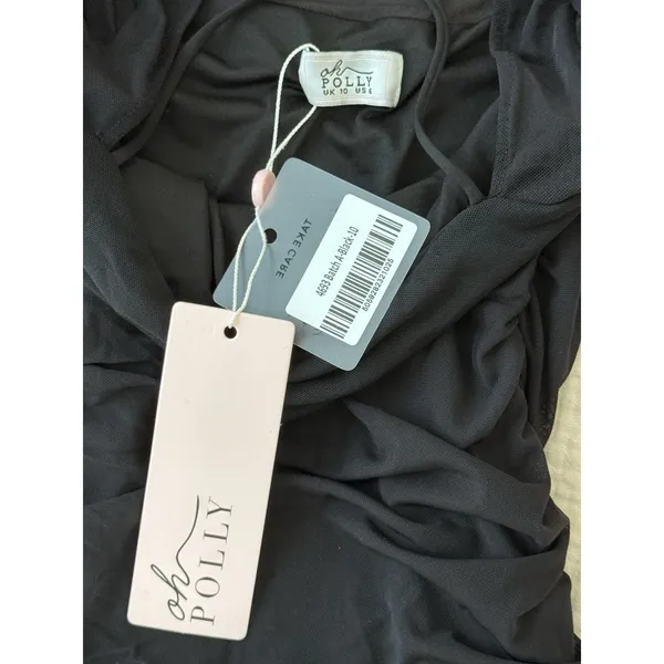 NWT Oh Polly Bodycon Ruched Mesh Dress‎ Black Halter Cut Out Rhinestone US 6 - Image 2