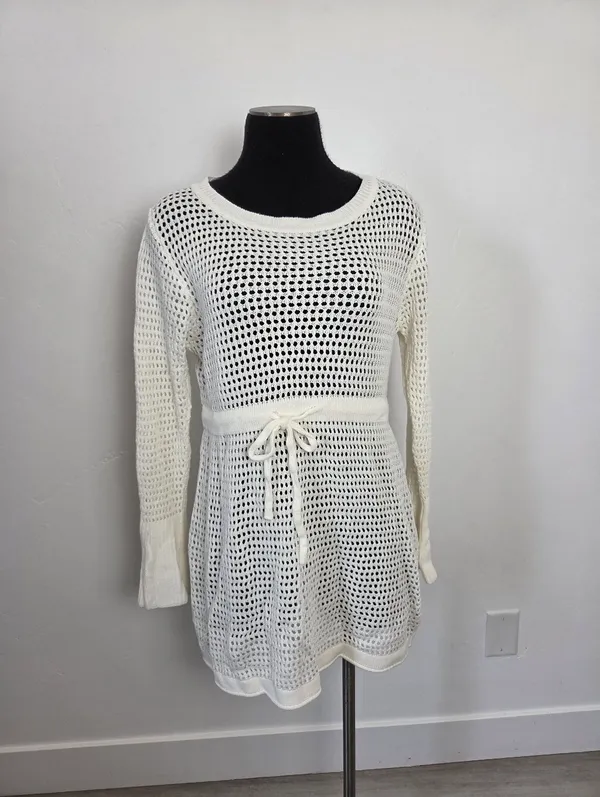 Ivory Cream Loose Knit Swim Cover Up Long Sleeve Sheer Cottagecore Beach Boho L - Image 2