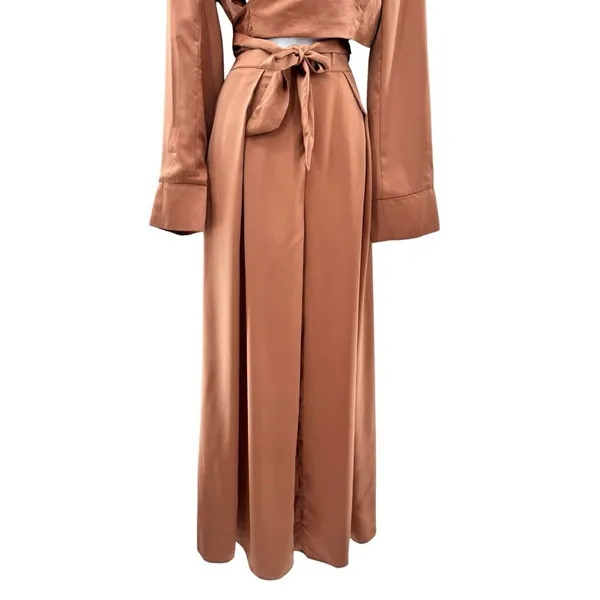 FATE 2pc Satin‎ Cropped Wrap Blazer & Wide Leg Pant Set Brown Medium Large NWT - Image 3