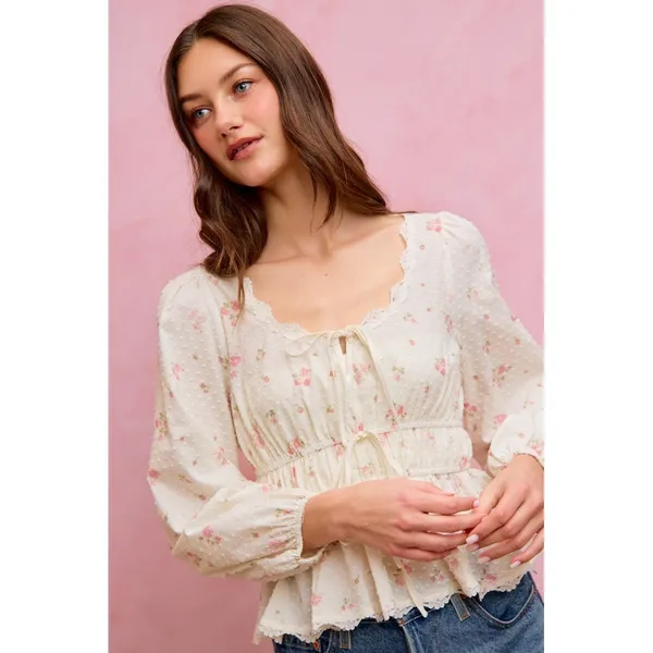 SO ME Floral Clip Dot Lace Trim Ruched Bodice Blouse - White - Medium - Image 14