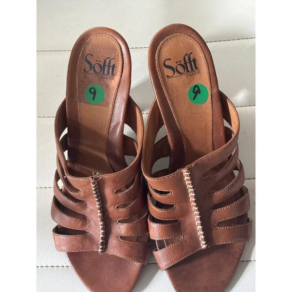 Sofft Womens Cognac Brown Leather Caged Slide Heeled Sandals Mules 9M 1234800 - Image 2